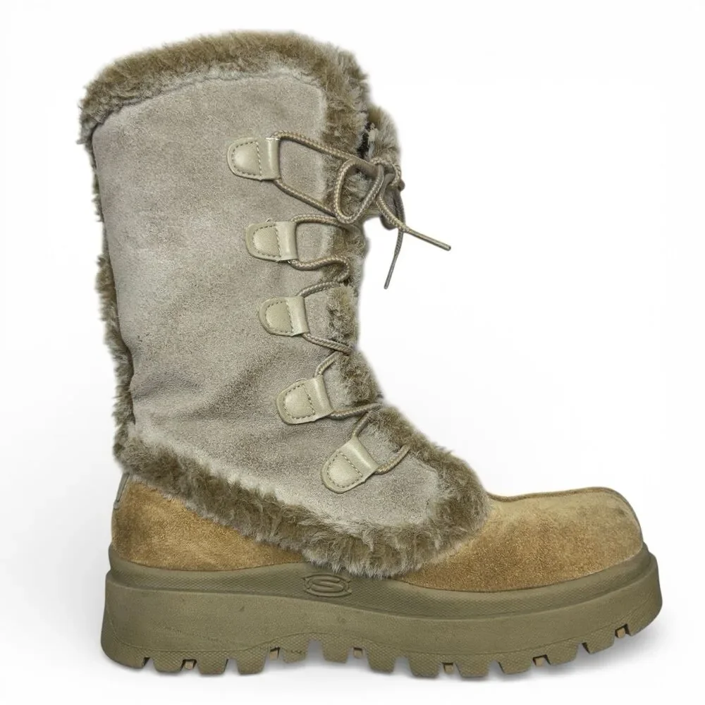 Y2k Skechers Lace Up Chunky Platform Boots Size 8 Faux Fur Suede Trashy Steppers